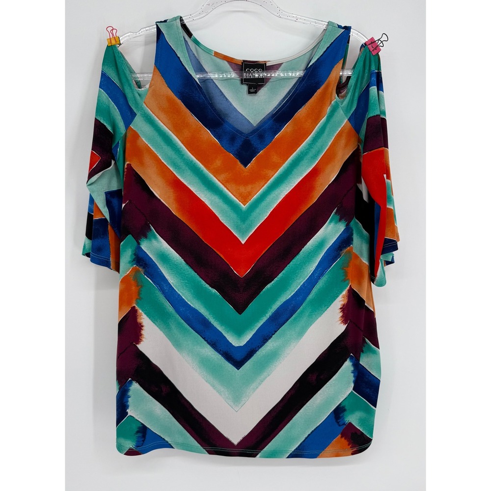 Coco Bianco Women Sz L Multi Color Chevron Stripe Cold Shoulder V-Neck 3/4 Top